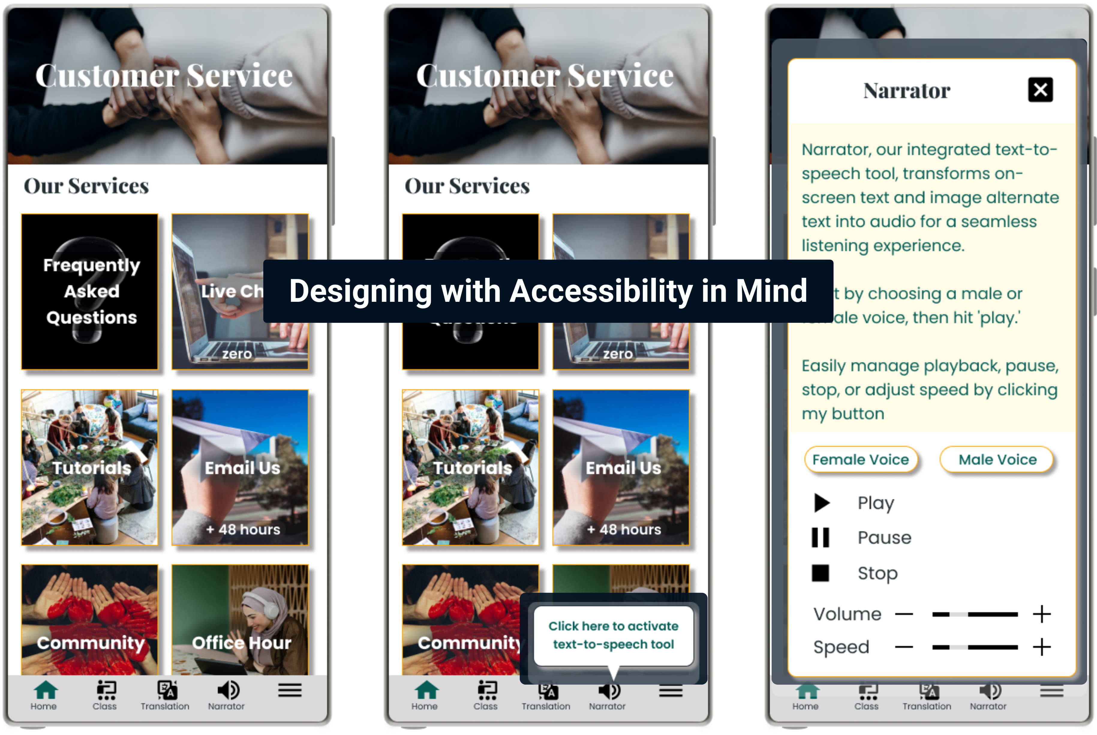 photo of the customer service app showing Narrator, an accessibility feature